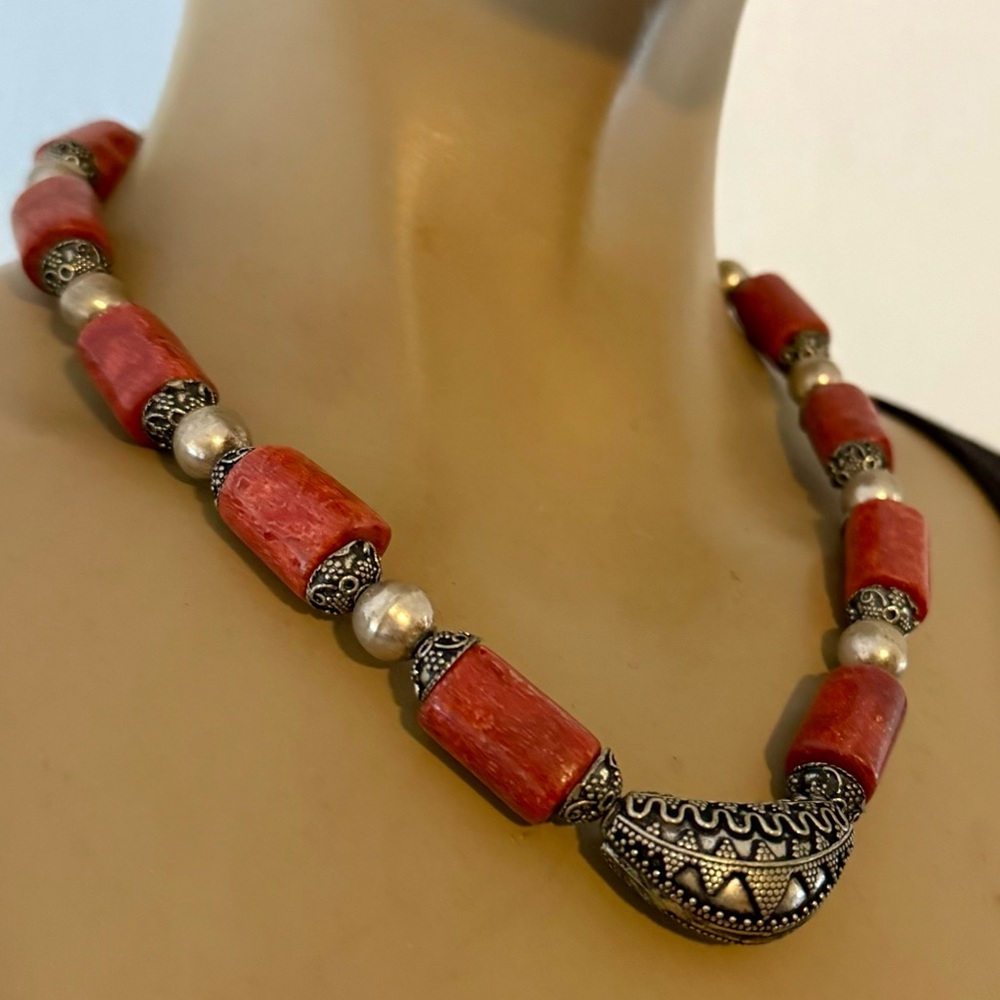Red Coral Silver Bead Necklace Chunky Ethnic Tribal